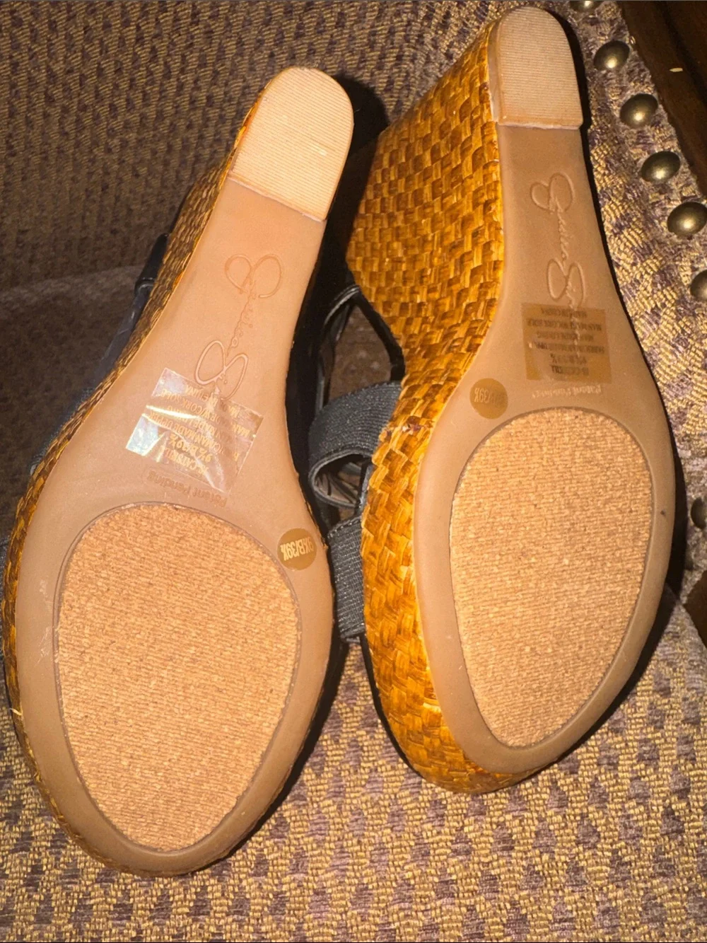Jessica Simpson Black Strappy Wedge Sandals with Woven Tan Platform